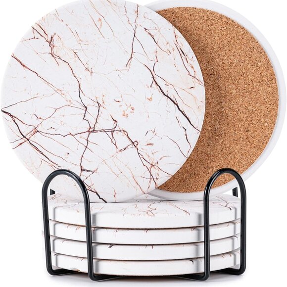 6Pcs Drink Coasters with Holder, Marble Style Ceramic Drink Coaster, Absorbent C - Picture 1 of 7